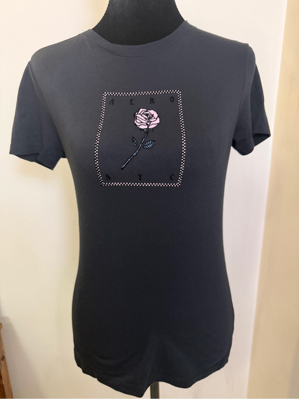 Aeropostale Black Tee with Pink Rose Embroidery